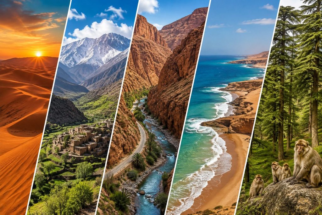 Morocco natural landscapes with Sahara dunes, Atlas Mountains and Atlantic coast