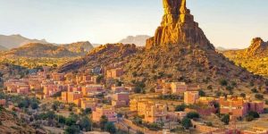 Panoramic view of Aguerd Oudad village and Napoleon’s Hat near Tafraoute in Morocco