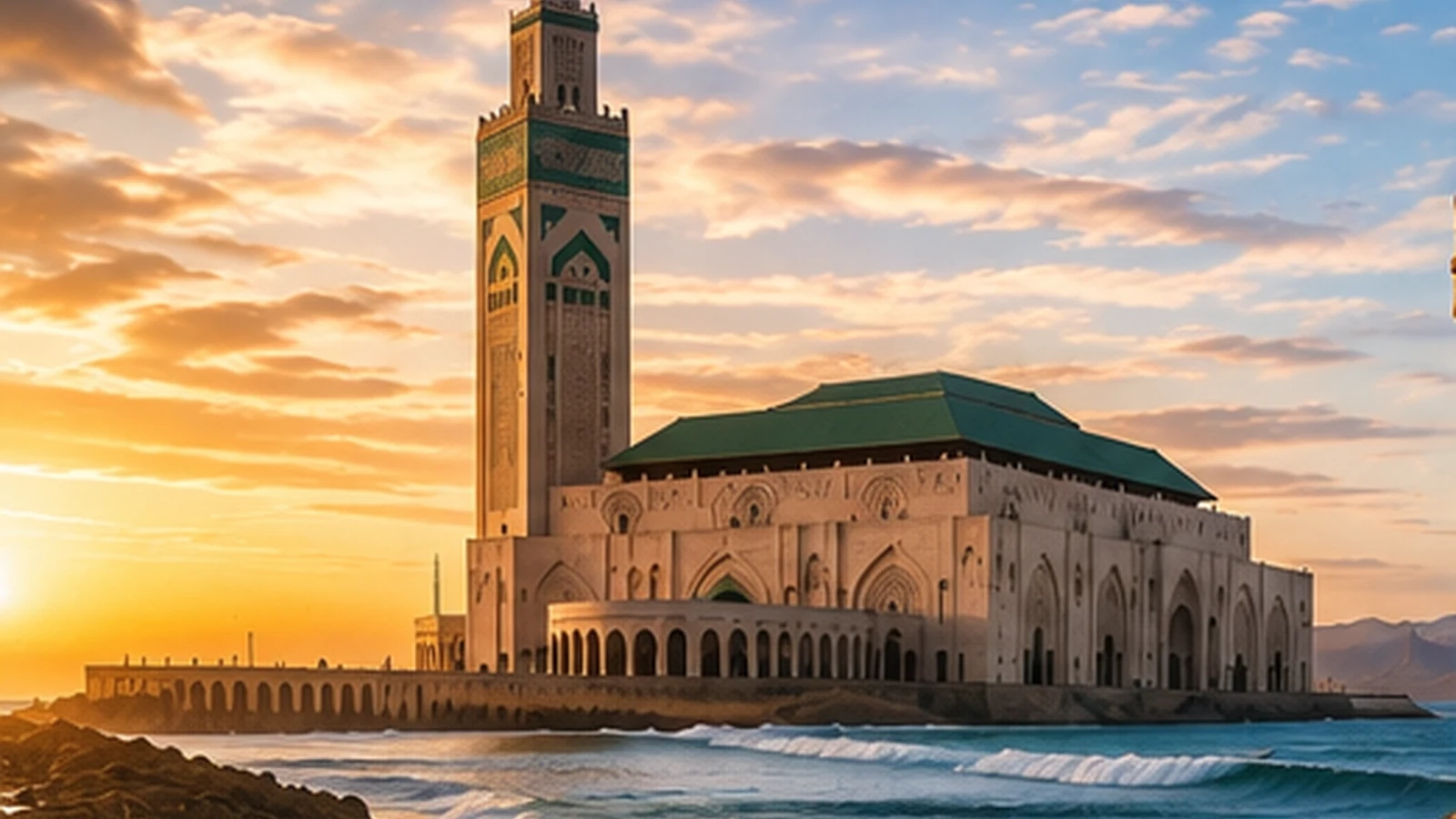 Hassan II Mosque in Casablanca at sunset overlooking the Atlantic Ocean