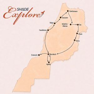 10 Day Morocco Cultural Tour route map through Casablanca, Rabat, Chefchaouen, Fes, Marrakech, Essaouira and Agafay