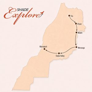 Route map for the 3 day desert tour from Fes to Marrakech via Ifrane, Midelt, Merzouga and Dades Valley