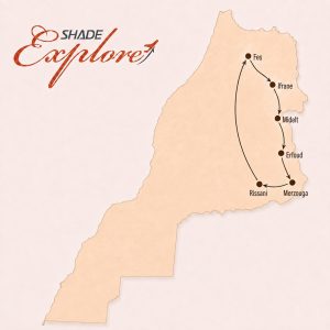 Route map of the 3 day desert tour from Fes to Merzouga via Ifrane, Midelt, Erfoud and Rissani