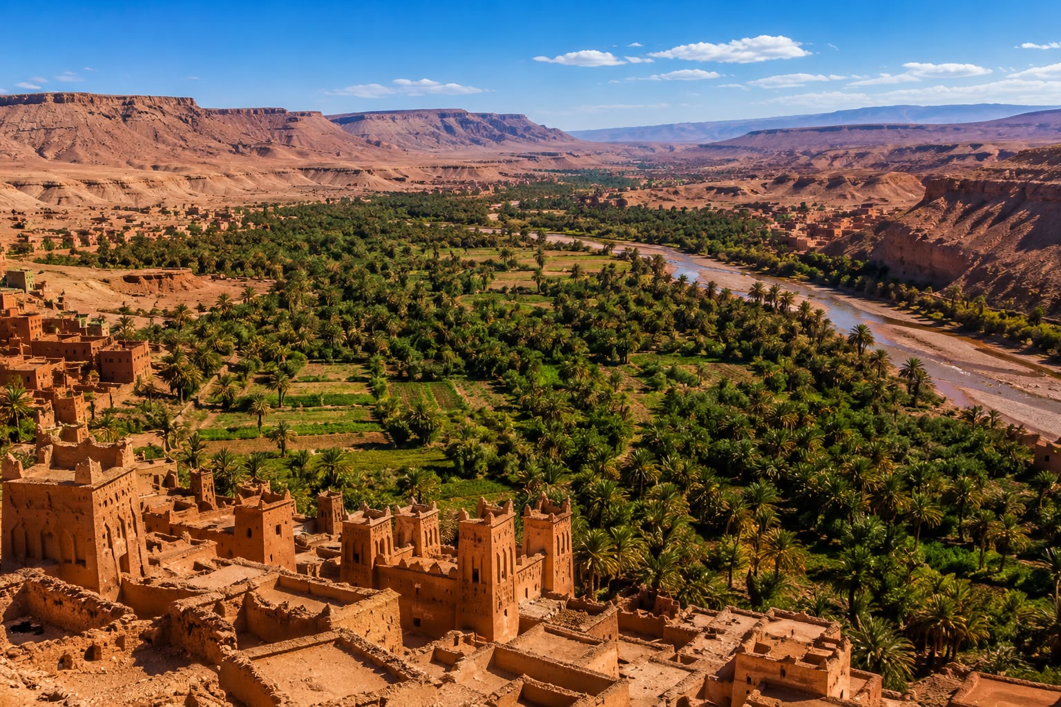 Panoramic view of the Draa Valley with palm groves and traditional kasbahs in southern Morocco