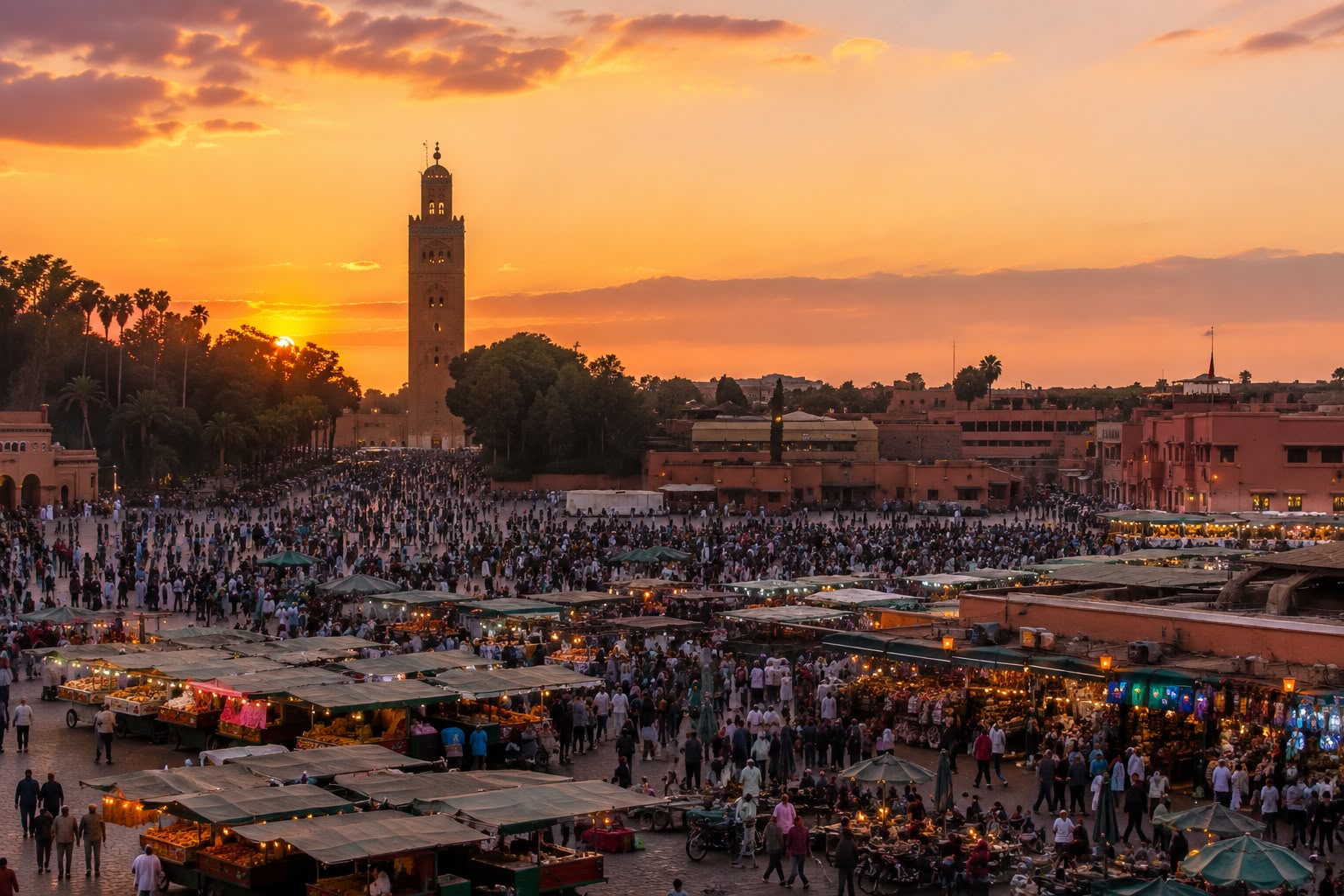 9 Day Morocco Tour in Marrakech with Jemaa el-Fna Square and Koutoubia Mosque at sunset