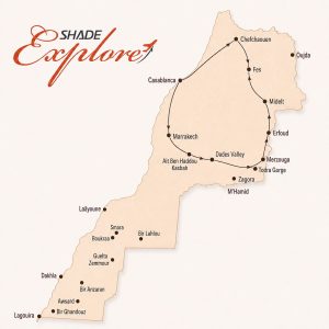 Morocco 8 Day Tour route map from Marrakech through Dades Valley, Merzouga, Fes, Chefchaouen and Casablanca