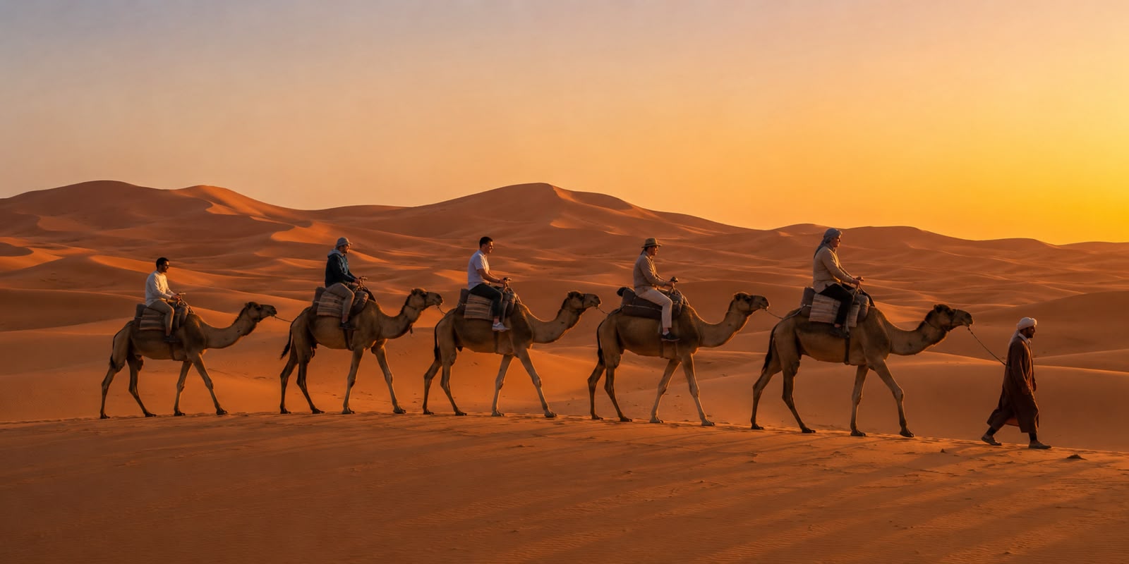 Camel caravan at sunset during a 3 day desert tour from Fes to Merzouga