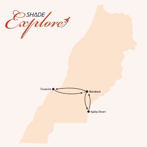 Map of Marrakech Desert Tours showing the route from Marrakech to Essaouira, back to Marrakech, then Agafay Desert and return to Marrakech.