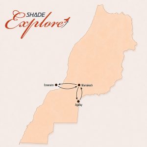 Map of Marrakech Desert Tours showing the route from Marrakech to Essaouira, back to Marrakech, then Agafay Desert and return to Marrakech.