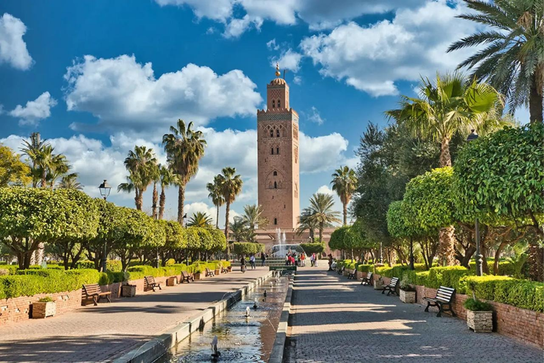 Panoramic view of the Koutoubia Mosque and its iconic minaret in Marrakech