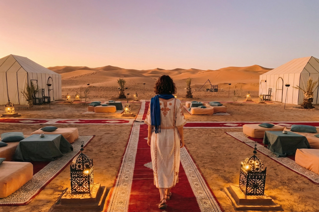 Luxury desert camp in Merzouga with tents and sand dunes under a golden sunset