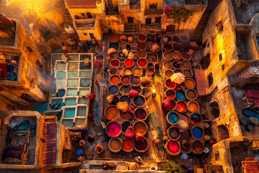 Traditional leather tanneries in Fes with colorful dye pits