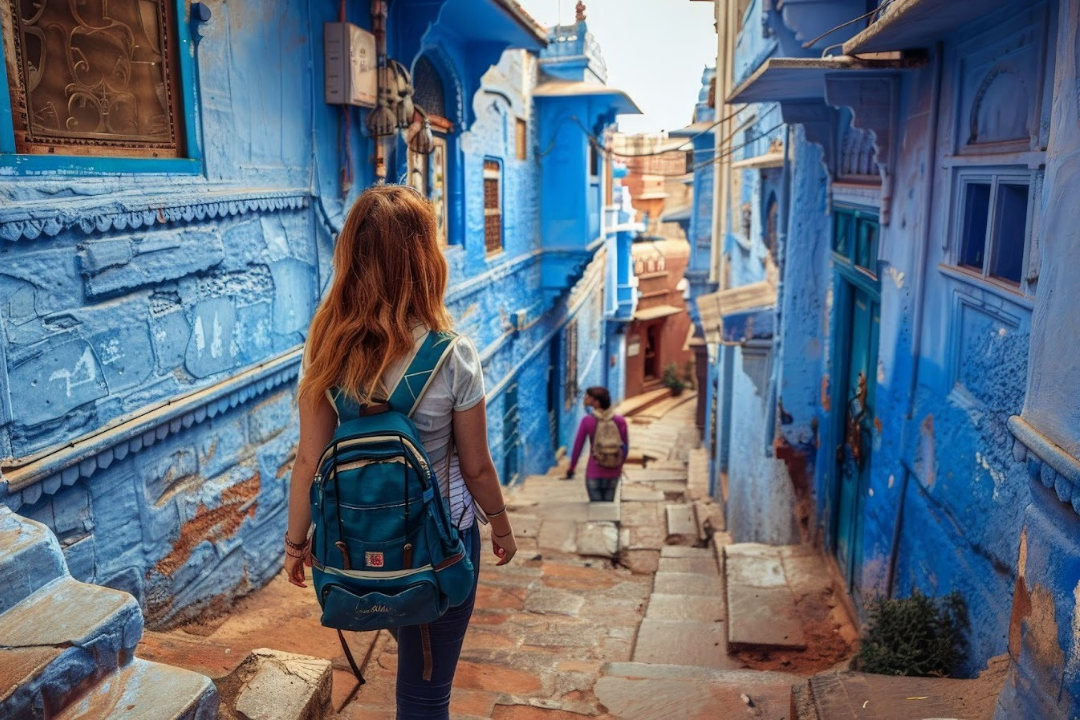 Blue alley street in Chefchaouen with traditional Moroccan architecture