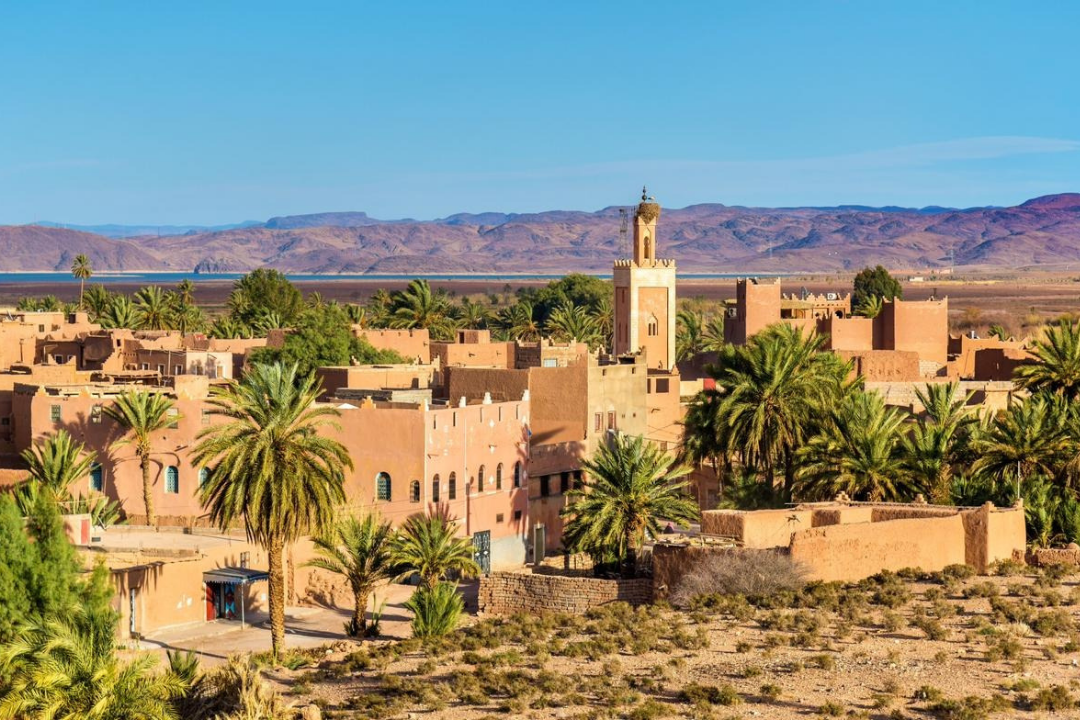 Panoramic view of Ouarzazate city with desert surroundings and traditional Moroccan architecture