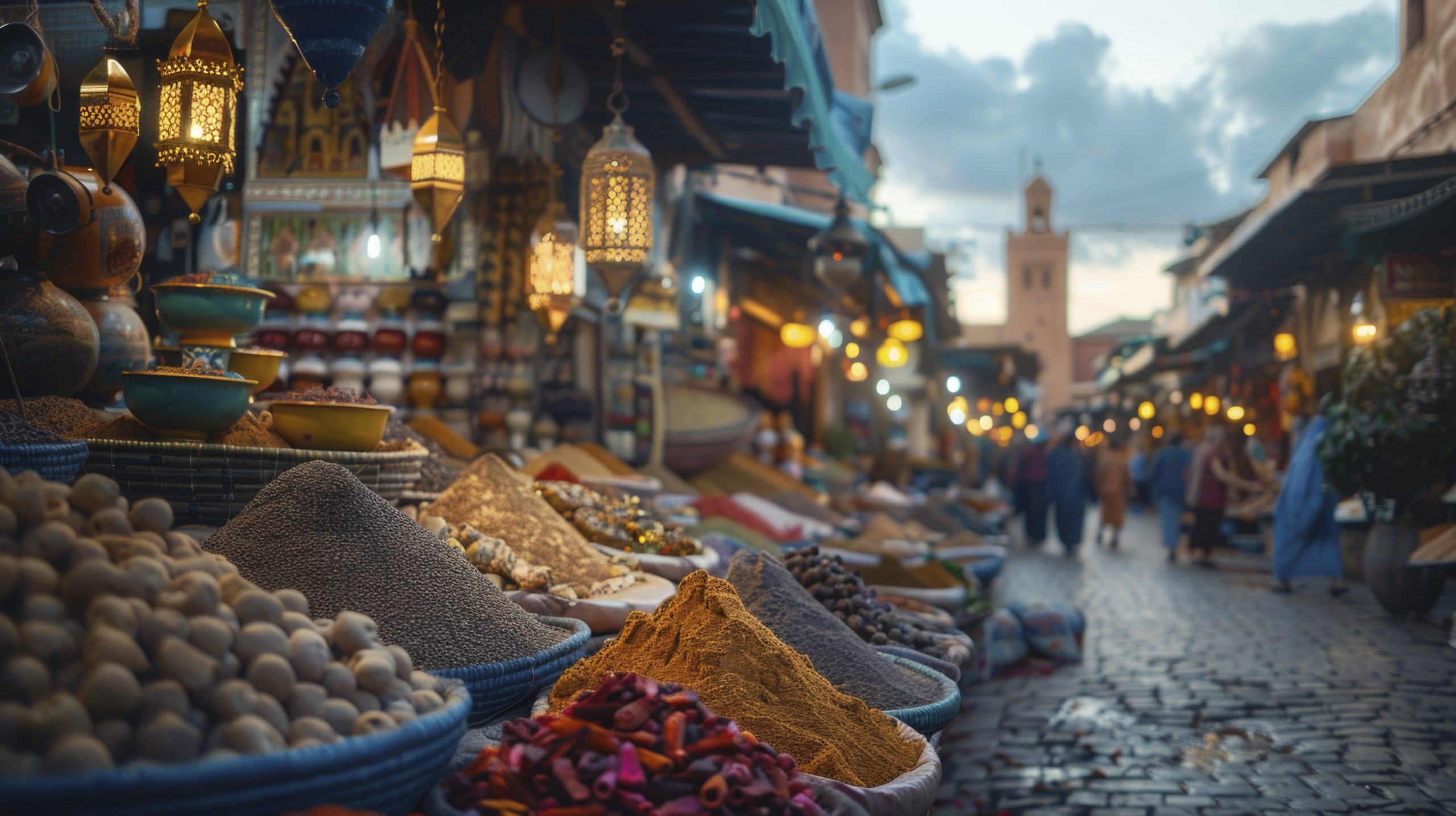 Marrakech night market with colorful souks and visitors