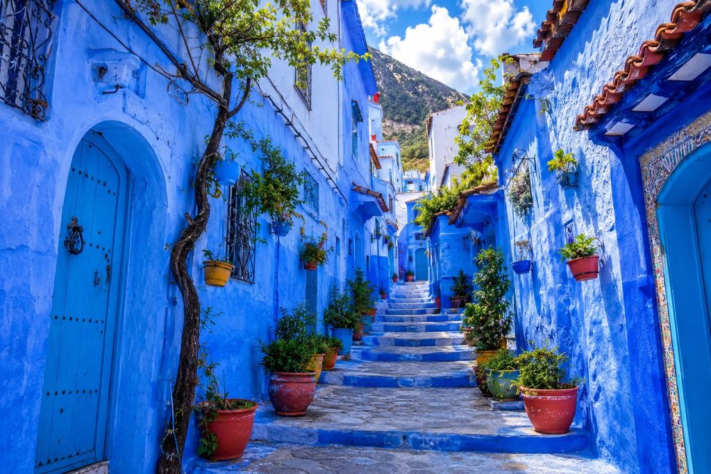 Traditional blue street and stairway in Chefchaouen, Morocco