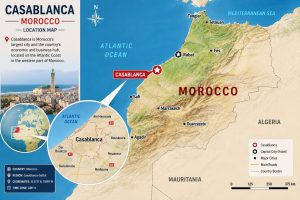 Location map showing Casablanca on Morocco's Atlantic coast with nearby major cities and regional overview