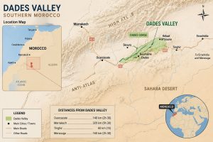 Location map of Dades Valley in southern Morocco showing Boumalne Dades, Ouarzazate, Tinghir, and the High Atlas Mountains