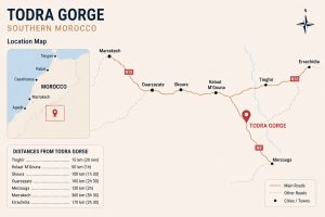 Location map of Todra Gorge in southeastern Morocco showing Tinghir, Dades Valley, Ouarzazate, Merzouga, Marrakech, and the main travel routes.
