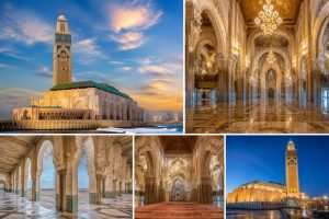 Interior and exterior views of the Hassan II Mosque in Casablanca, Morocco