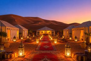 Luxury desert camp in Merzouga surrounded by the Erg Chebbi dunes