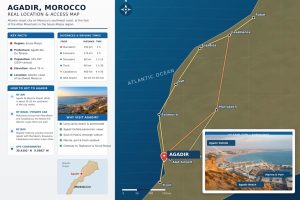 Agadir Morocco location and access map showing the Atlantic coast, nearby cities, main roads and AGA Airport