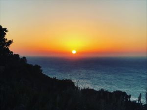 Golden sunset over Cap Spartel in Tangier, where the Atlantic Ocean meets the Mediterranean Sea, northern Morocco