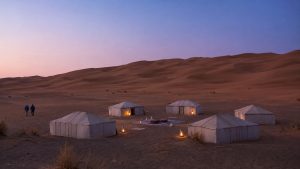 Traditional desert camp among the remote Erg Chigaga dunes during an excursion from Zagora