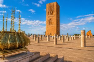 Hassan Tower in Rabat, Morocco, surrounded by the historic unfinished mosque columns, one of the city's most famous UNESCO World Heritage landmarks