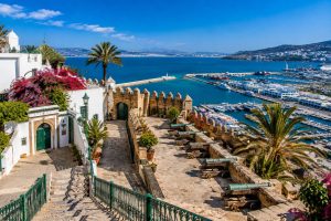 Panoramic view of the historic Kasbah of Tangier overlooking the Strait of Gibraltar, Tangier Port, and the whitewashed medina in northern Morocco