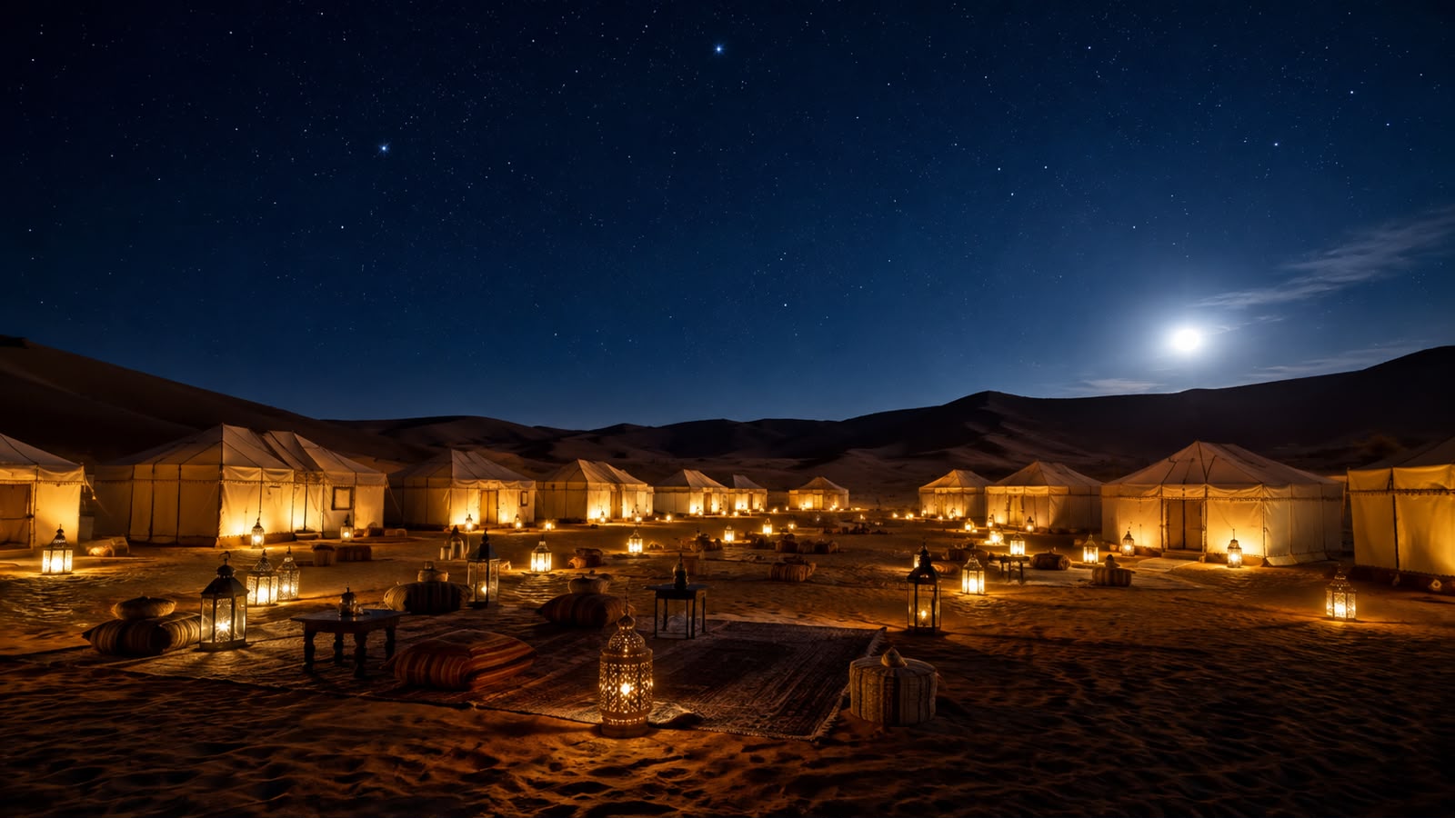 Panoramic night view of a luxury desert camp in Merzouga Sahara during a 5 day desert tour from Marrakech