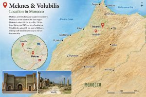 Strategic location map showing Meknes and the ancient Roman ruins of Volubilis in northern Morocco, including nearby cities such as Fes, Rabat, and Casablanca.