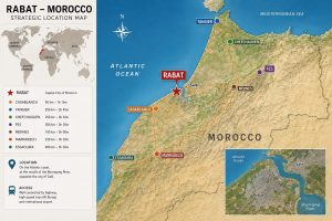 Strategic location map of Rabat, Morocco, showing Casablanca, Tangier, Chefchaouen, Fes, Meknes, Marrakech, Essaouira, the Atlantic Ocean, the Bouregreg River, and Salé