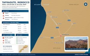 Tafraoute Morocco location map showing access from Agadir, Tiznit and Taroudant in the Anti-Atlas