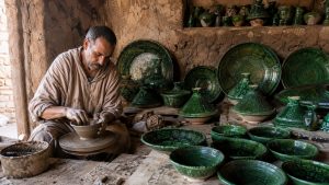 Artisan shaping traditional green-glazed pottery in a Tamegroute workshop near Zagora