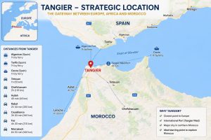 Strategic location map of Tangier, Morocco, showing the Strait of Gibraltar, Spain, Tangier Med Port, Chefchaouen, Tetouan, Rabat, Casablanca, and major travel routes