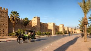 raditional horse-drawn carriage travelling beside the historic ochre ramparts of Taroudant, Morocco