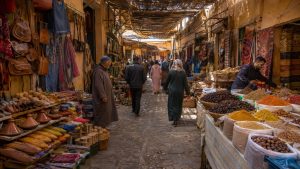Traditional souk in Taroudant Medina with spices, dates, leather goods, Amazigh rugs and local shoppers