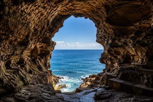 View from inside the Hercules Caves in Tangier looking through the famous Africa-shaped sea opening toward the Atlantic Ocean in northern Morocco
