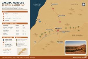 Zagora Morocco location map showing Marrakech, Ouarzazate, Agadir, M’Hamid and Erg Chigaga